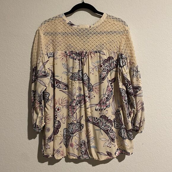 A.N.A Woman's Ivory Lace Top‎ Blouse All Over Butterfly Print Size XL 3/4 Sleeve - Picture 2 of 13